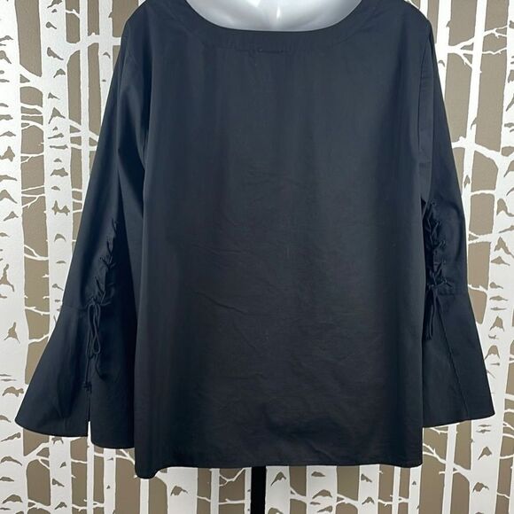 Worthington Boho 70s Style Bell Sleeve Stretch Poplin Blouse 1X Black - Picture 3 of 5